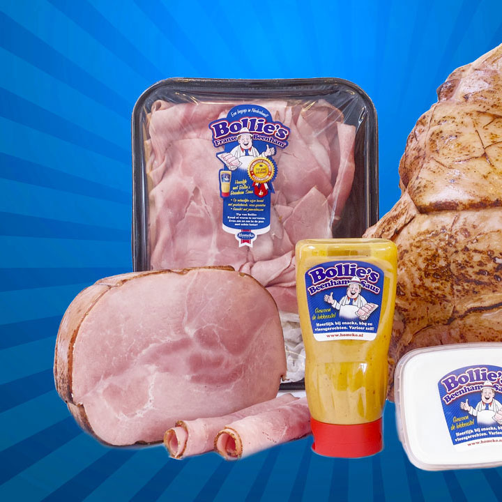Homeko’s Bollie’s Beenham-producten: halve, mini en gesneden beenham met saus